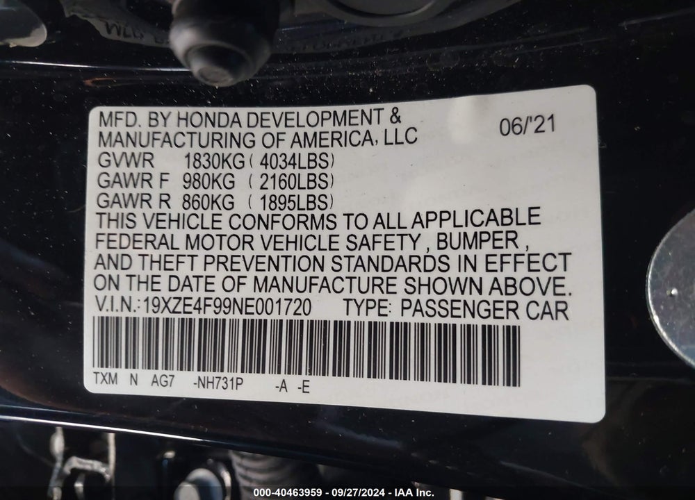 2022 HONDA INSIGHT TOURING VIN: 19XZE4F99NE001720