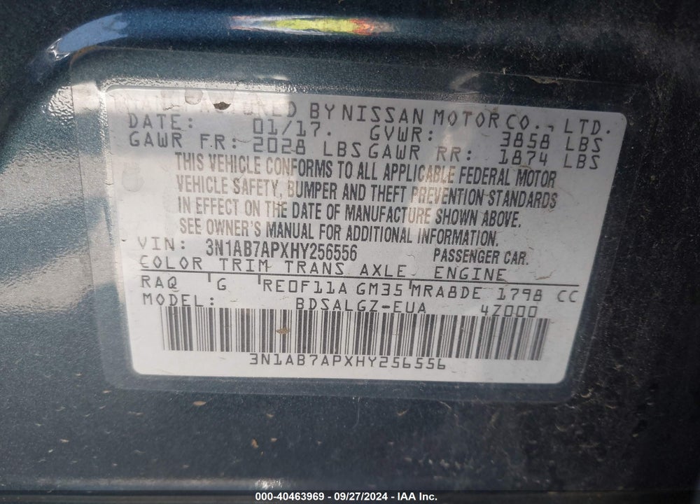 2017 NISSAN SENTRA SL VIN: 3N1AB7APXHY256556