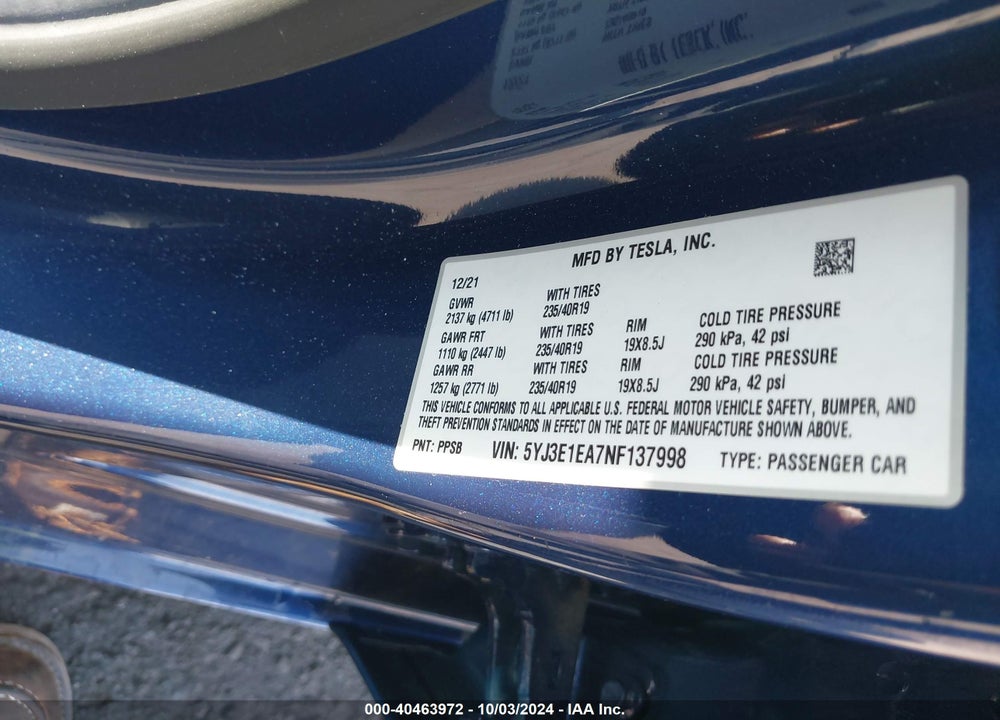 2022 TESLA MODEL 3 VIN: 5YJ3E1EA7NF137998
