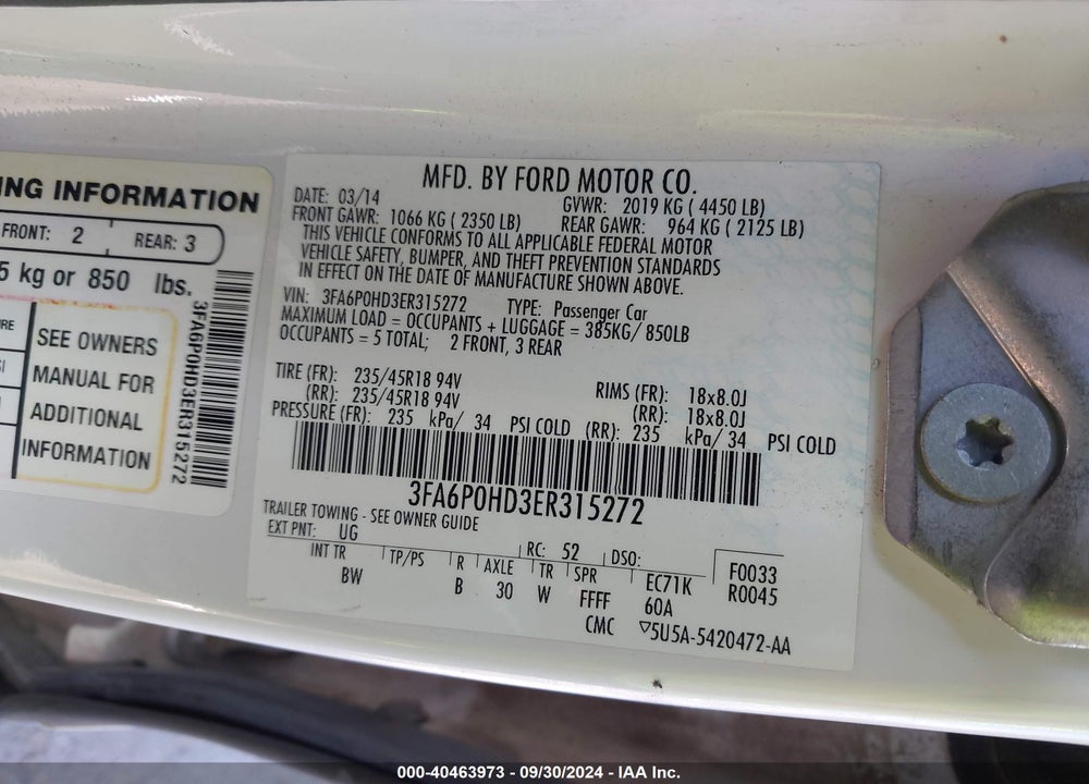 2014 FORD FUSION SE VIN: 3FA6P0HD3ER315272
