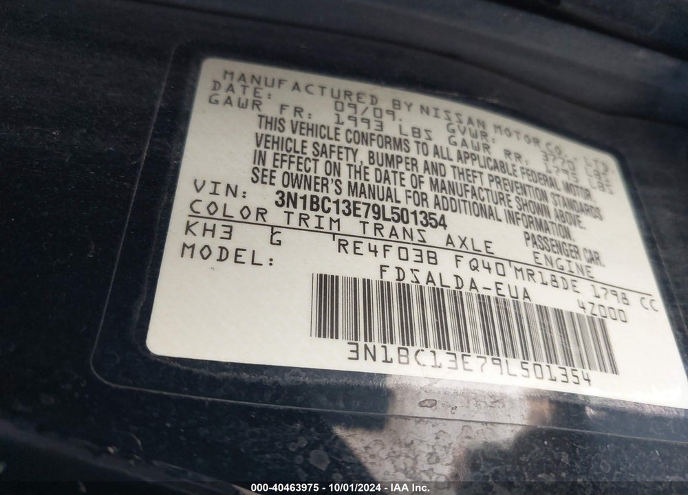 2009 NISSAN VERSA 1.8S VIN: 3N1BC13E79L501354