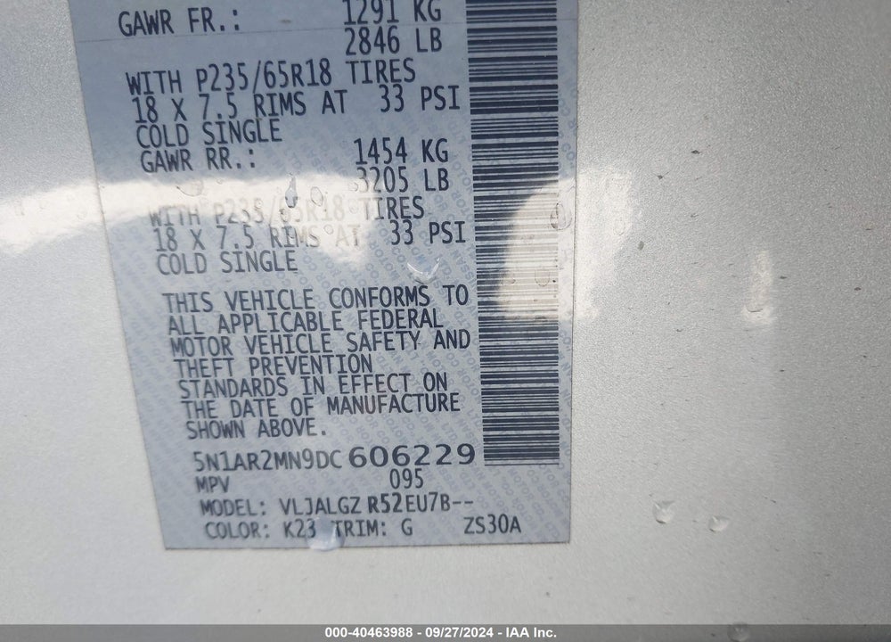 2013 NISSAN PATHFINDER SL VIN: 5N1AR2MN9DC606229