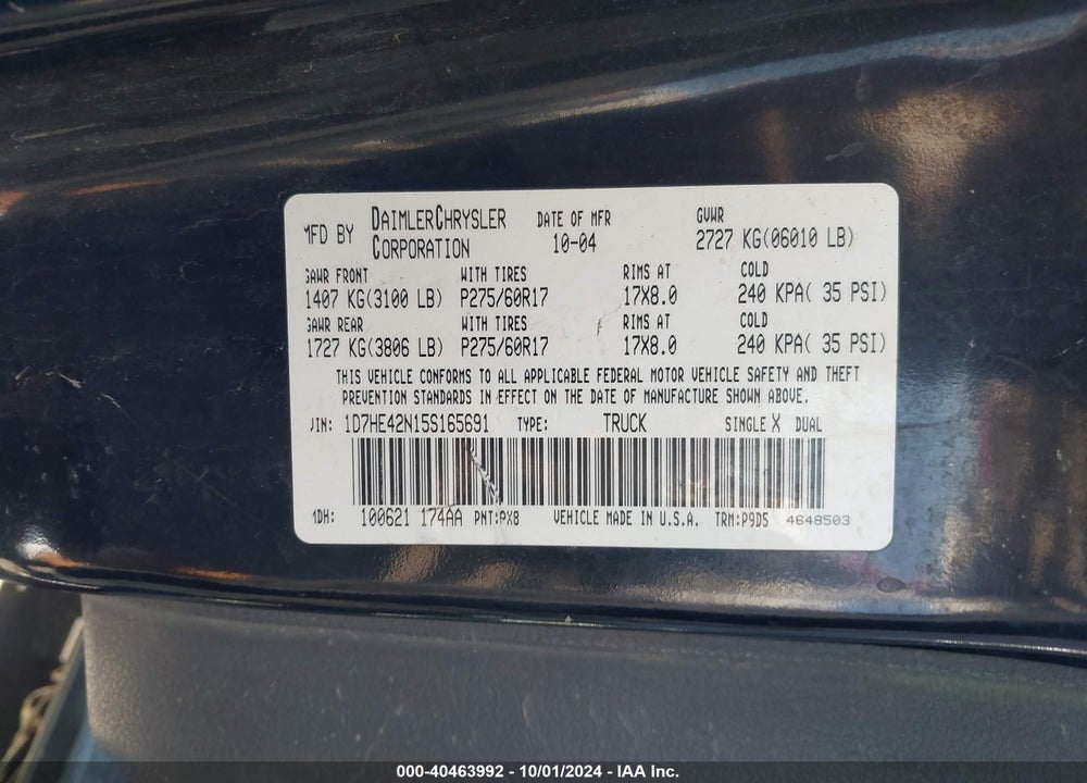 2005 DODGE DAKOTA SLT VIN: 1D7HE42N15S165691