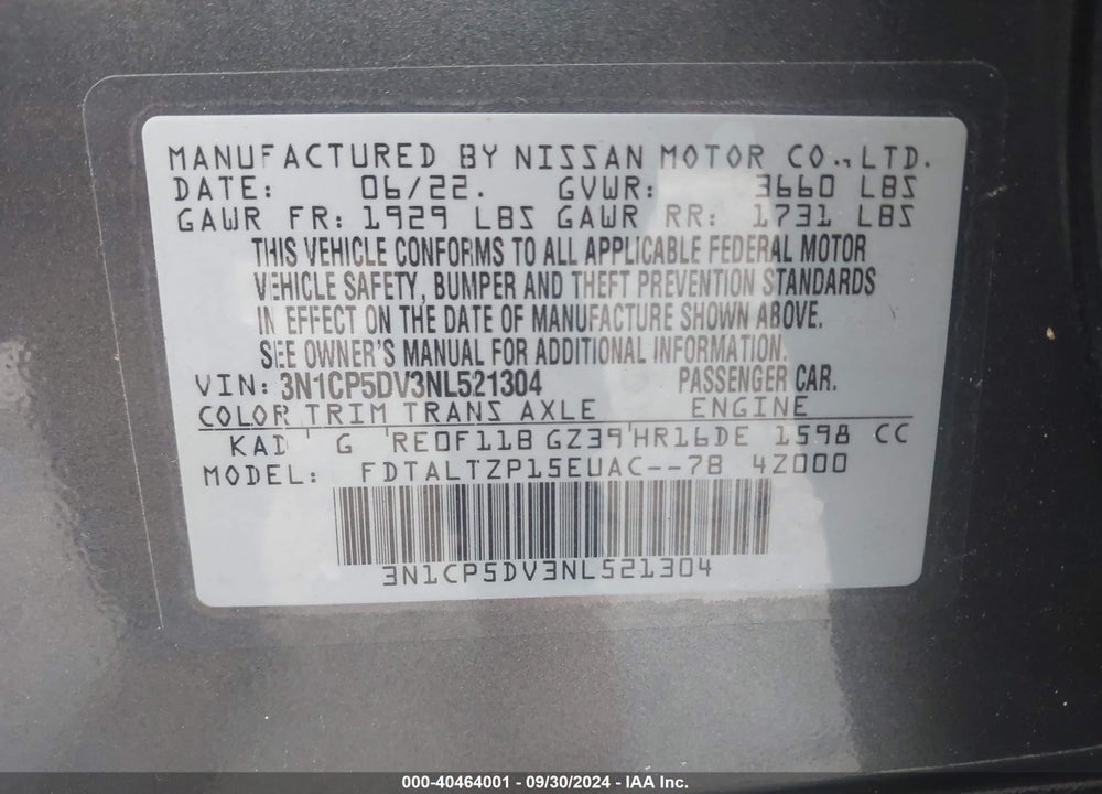 2022 NISSAN KICKS SR XTRONIC CVT VIN: 3N1CP5DV3NL521304