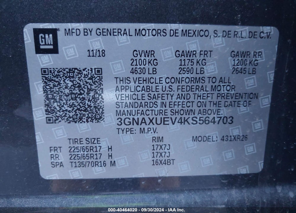 2019 CHEVROLET EQUINOX LT VIN: 3GNAXUEV4KS564703