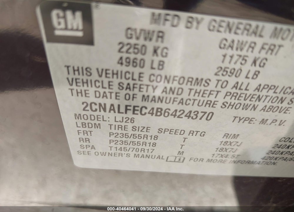 2011 CHEVROLET EQUINOX LTZ VIN: 2CNALFEC4B6424370