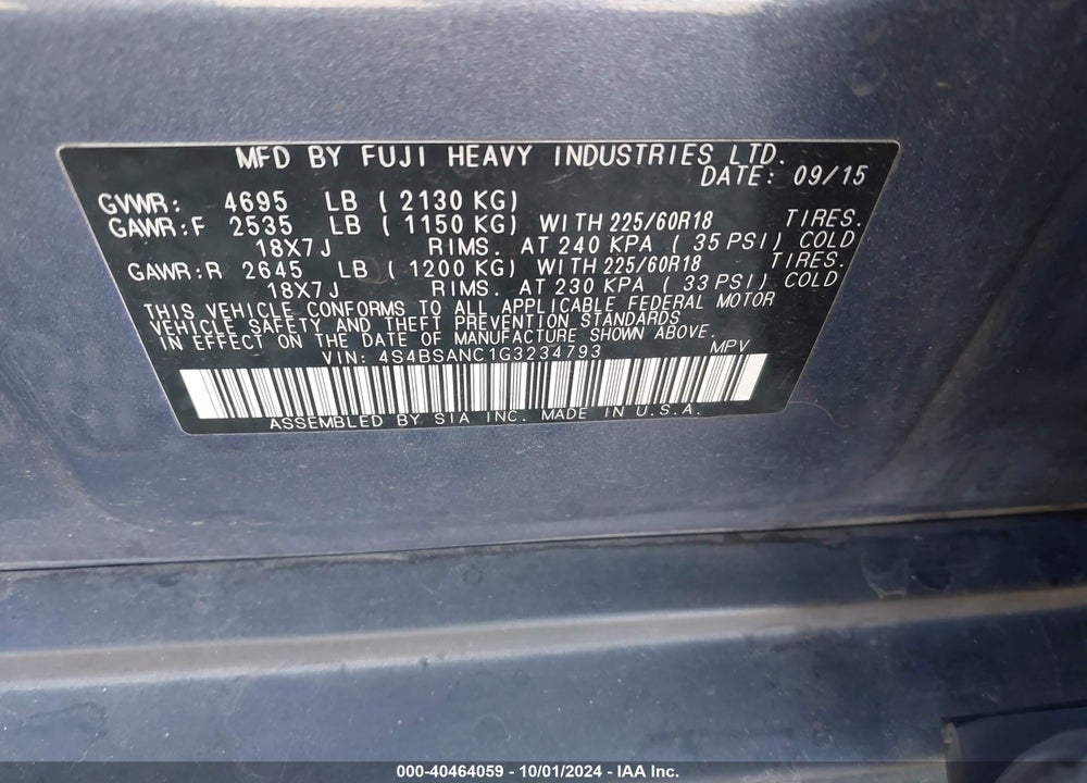 2016 SUBARU OUTBACK 2.5I LIMITED VIN: 4S4BSANC1G3234793