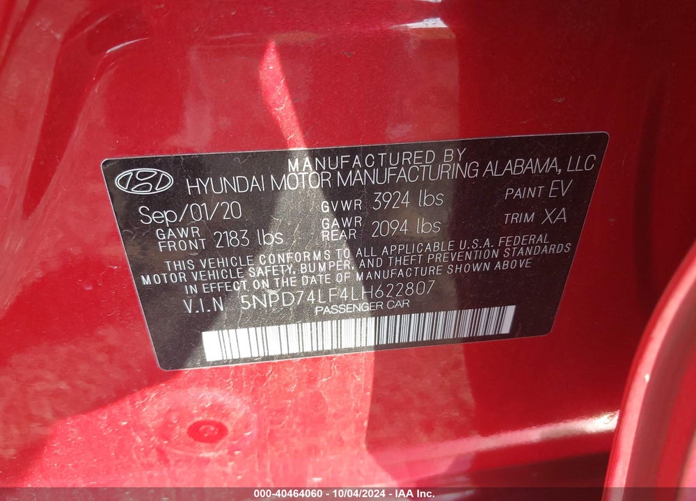 2020 HYUNDAI ELANTRA SE VIN: 5NPD74LF4LH622807