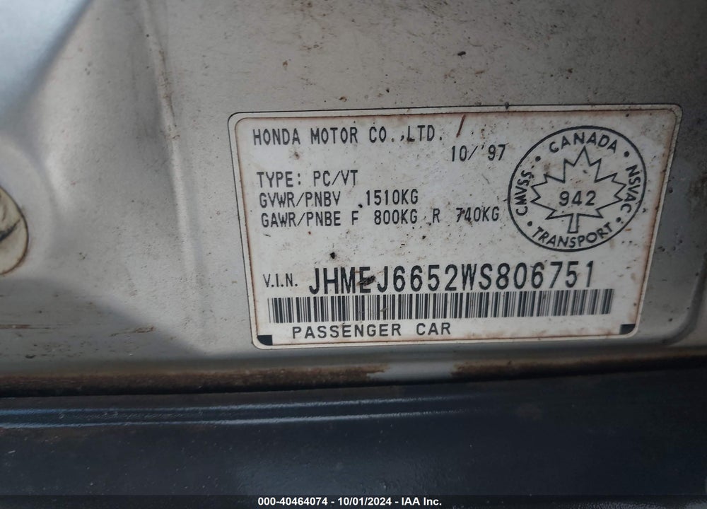 1998 HONDA CIVIC VIN: JHMEJ6652WS806751