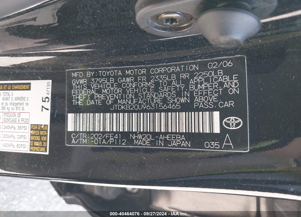 2006 TOYOTA PRIUS VIN: JTDKB20U963156465
