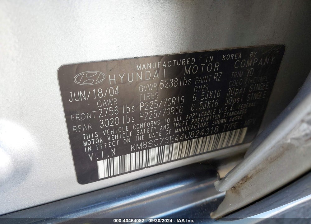 2004 HYUNDAI SANTA FE GLS/LX VIN: KM8SC73E44U824318