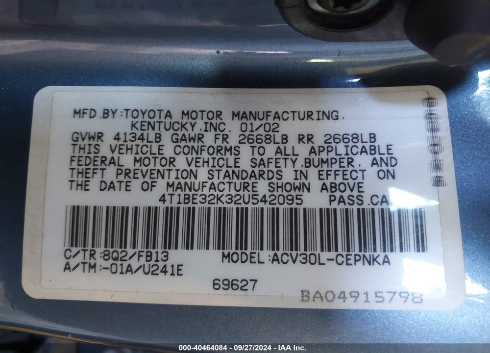 2002 TOYOTA CAMRY LE VIN: 4T1BE32K32U542095