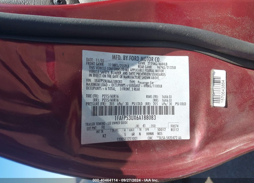 2006 FORD TAURUS SE VIN: 1FAFP53UX6A188083