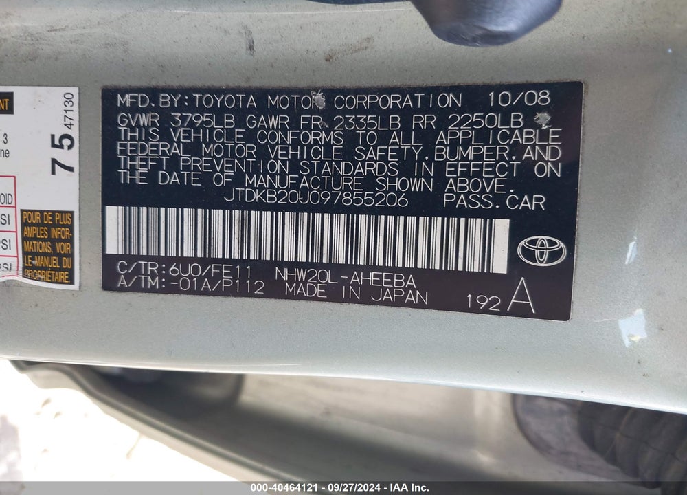 2009 TOYOTA PRIUS VIN: JTDKB20U097855206
