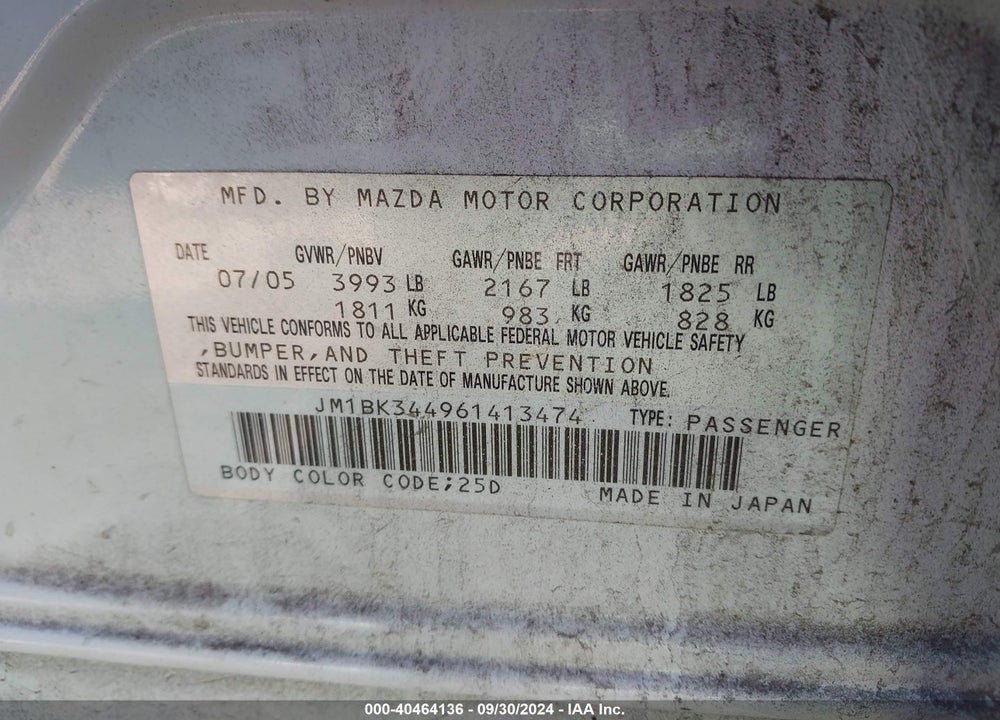 2006 MAZDA 3 S GRAND TOURING VIN: JM1BK344961413474