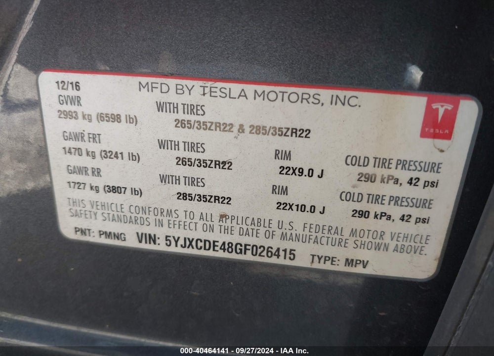2016 TESLA MODEL X P100D/P90D VIN: 5YJXCDE48GF026415