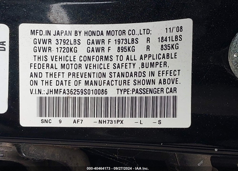 2009 HONDA CIVIC HYBRID VIN: JHMFA36259S010086