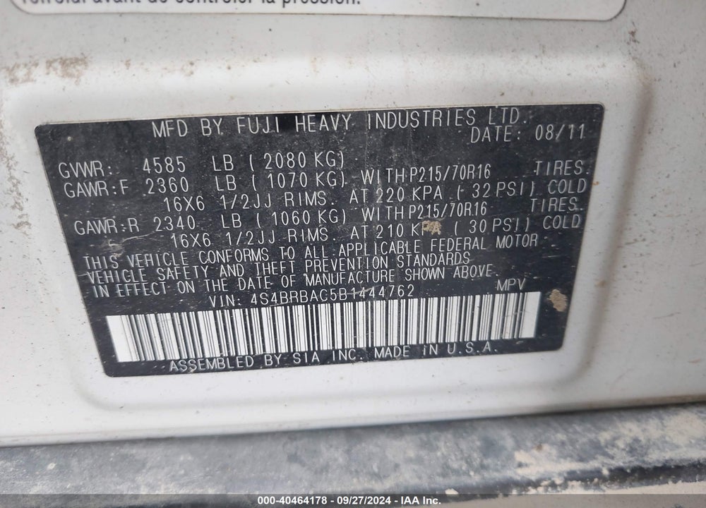 2011 SUBARU OUTBACK 2.5I VIN: 4S4BRBAC5B1444762