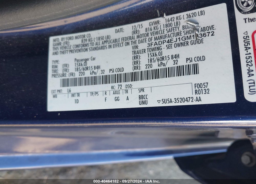 2016 FORD FIESTA SE VIN: 3FADP4EJ1GM143672