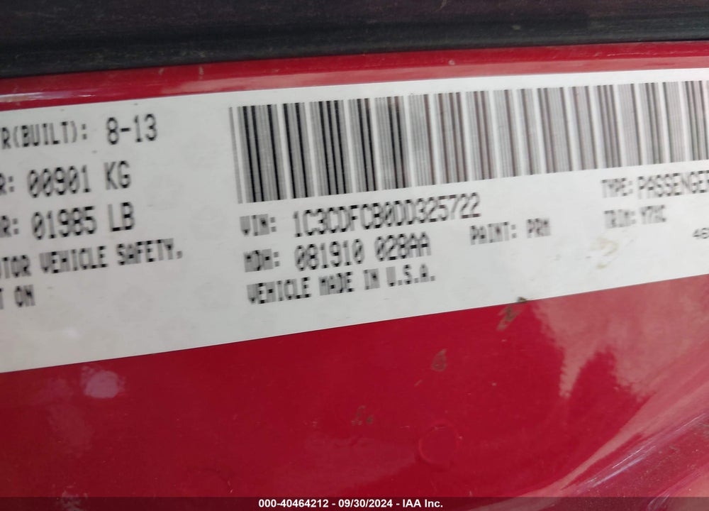 2013 DODGE DART VIN: 1C3CDFCB0DD325722