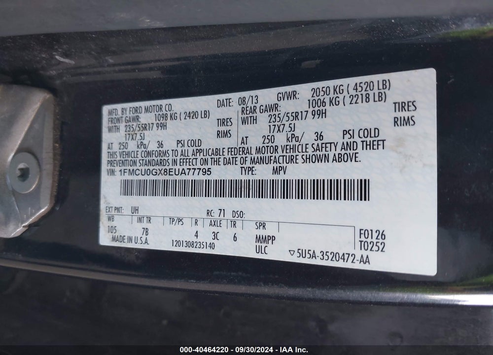 2014 FORD ESCAPE SE VIN: 1FMCU0GX8EUA77795