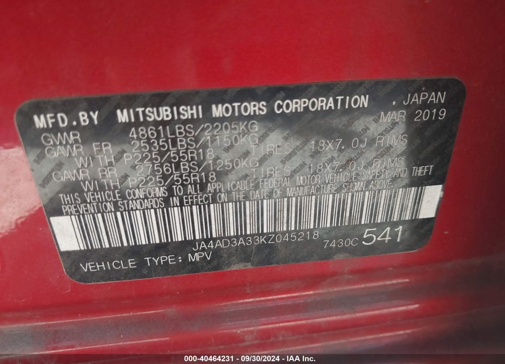 2019 MITSUBISHI OUTLANDER VIN: JA4AD3A33KZ045218