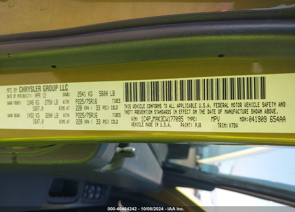 2012 JEEP LIBERTY SPORT VIN: 1C4PJMAK3CW177095