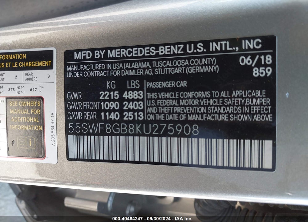 2019 MERCEDES-BENZ AMG C 63 VIN: 55SWF8GB8KU275908