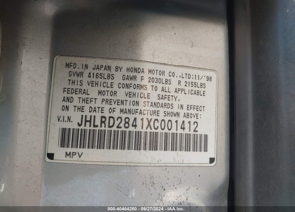 1999 HONDA CR-V LX VIN: JHLRD2841XC001412