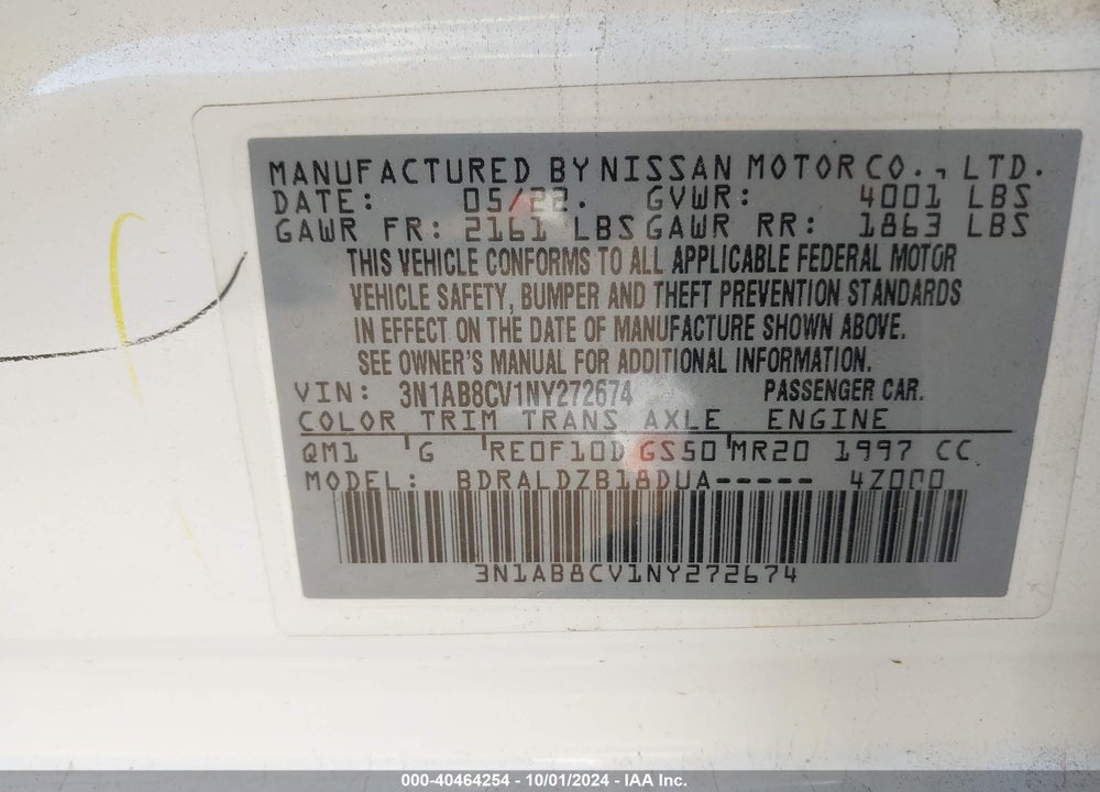2022 NISSAN SENTRA SV XTRONIC CVT VIN: 3N1AB8CV1NY272674