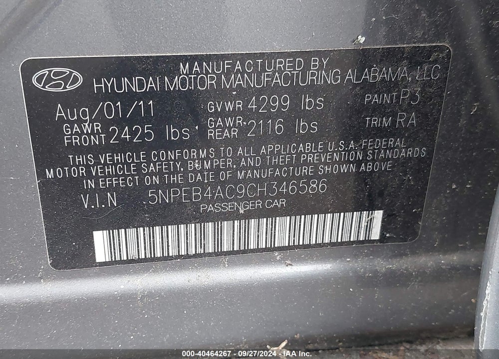 2012 HYUNDAI SONATA GLS VIN: 5NPEB4AC9CH346586