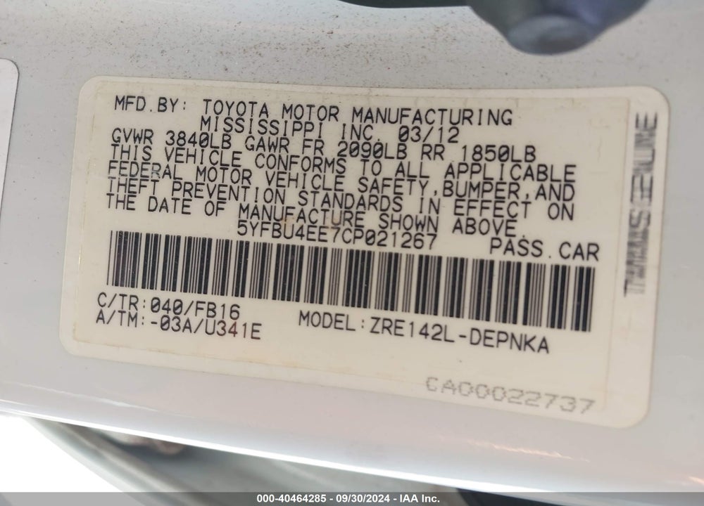 2012 TOYOTA COROLLA LE VIN: 5YFBU4EE7CP021267