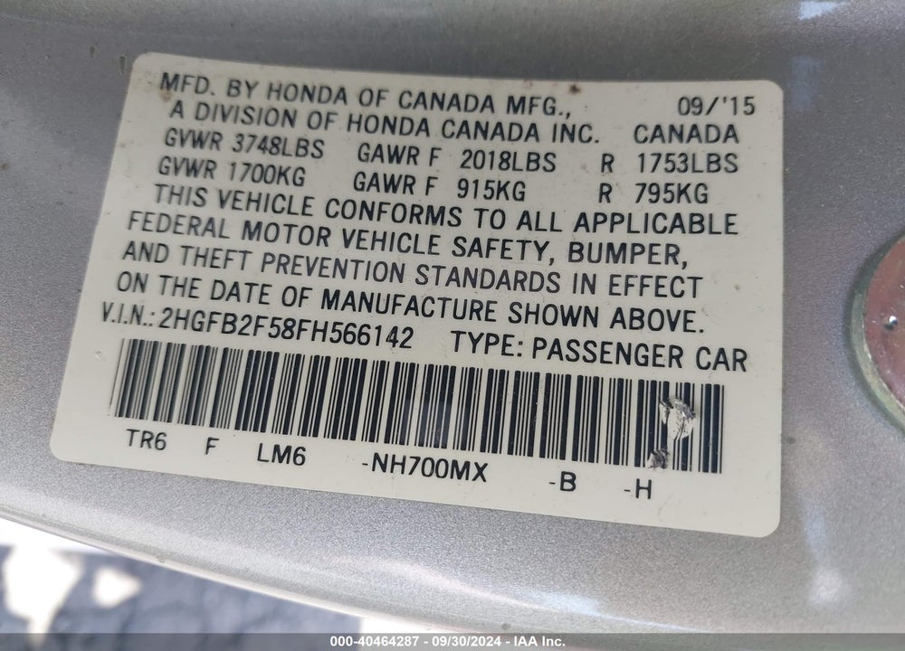 2015 HONDA CIVIC LX VIN: 2HGFB2F58FH566142