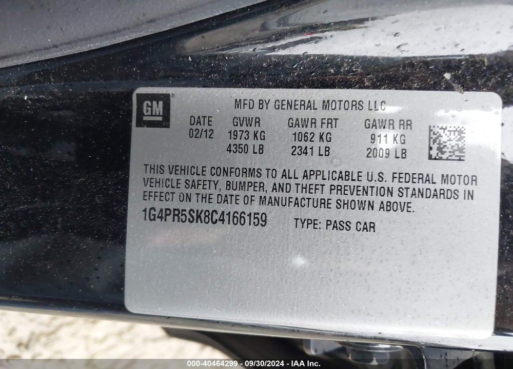 2012 BUICK VERANO CONVENIENCE GROUP VIN: 1G4PR5SK8C4166159