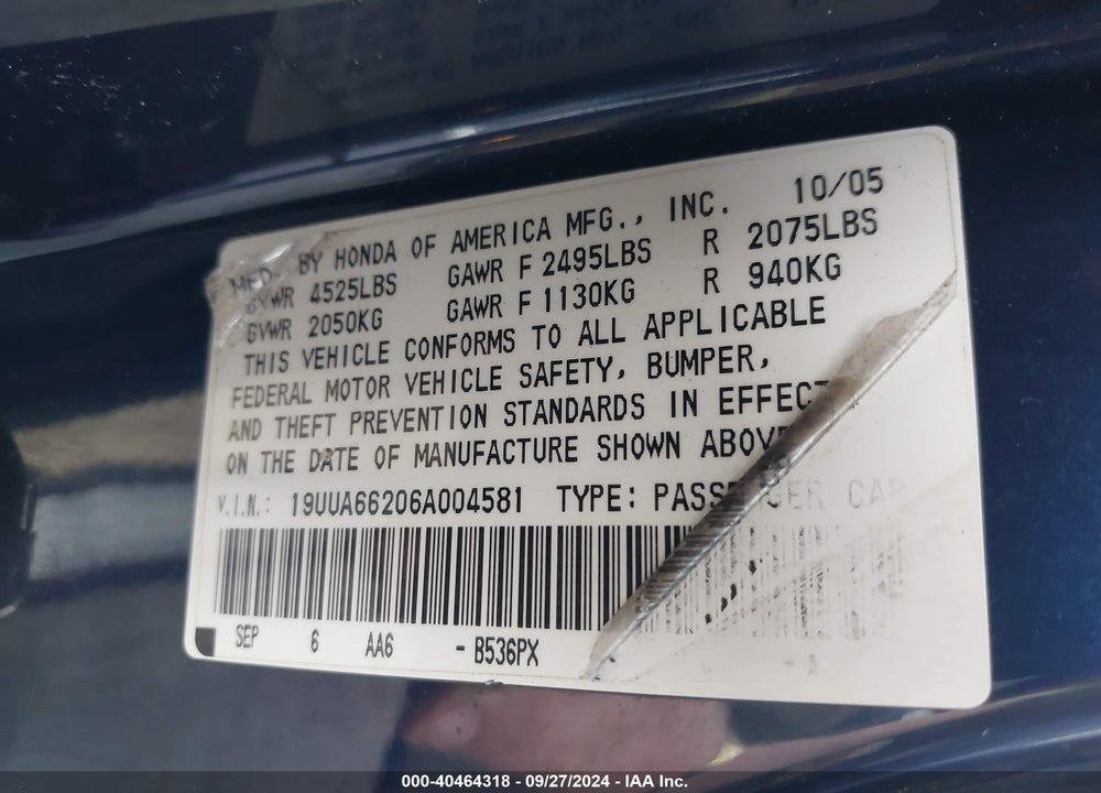 2006 ACURA TL VIN: 19UUA66206A004581