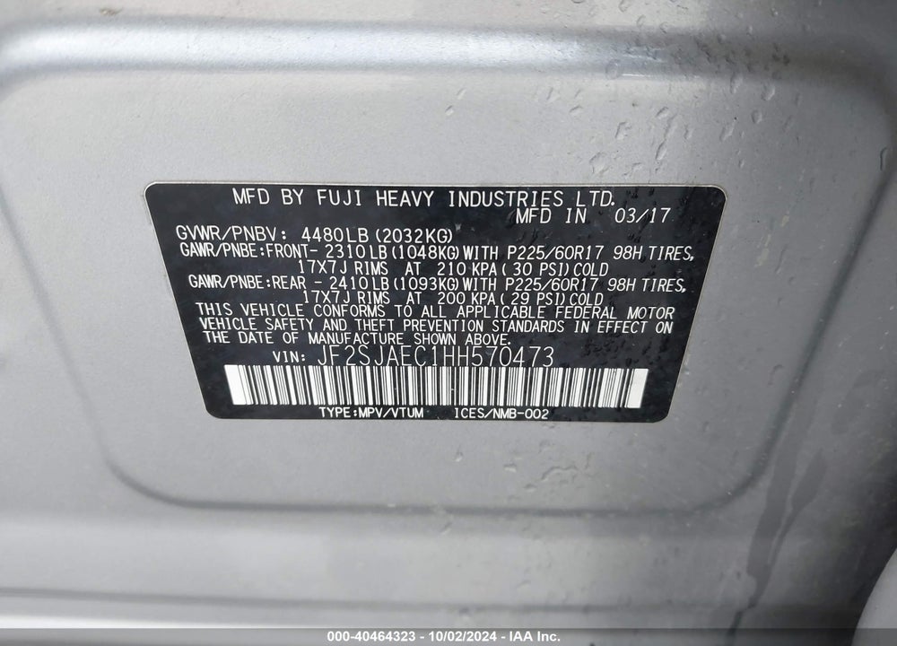 2017 SUBARU FORESTER 2.5I PREMIUM VIN: JF2SJAEC1HH570473