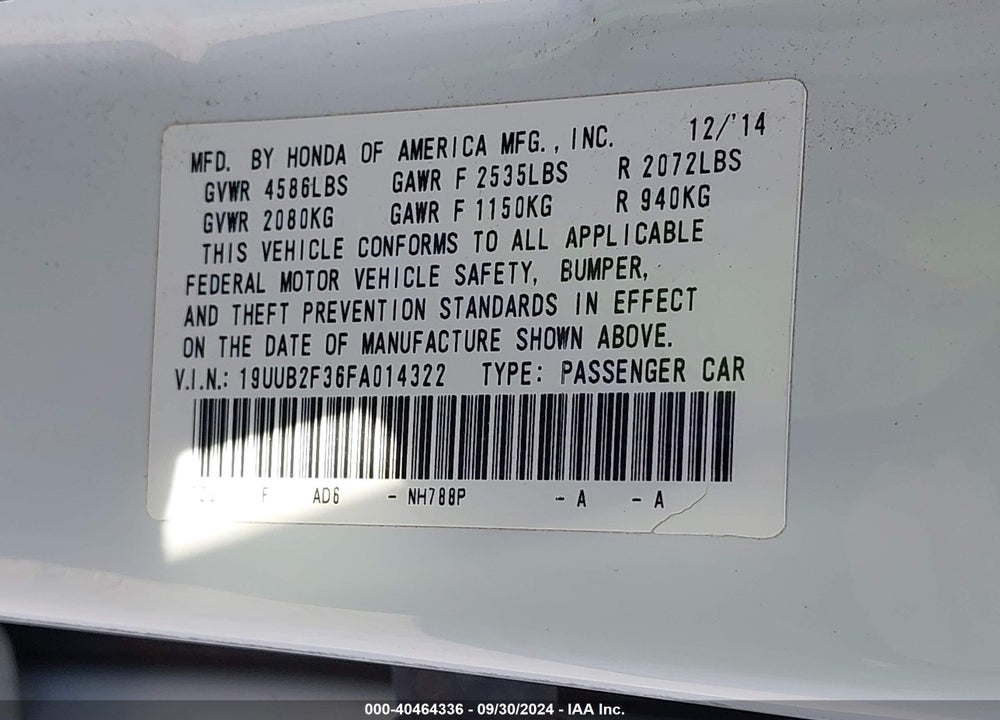 2015 ACURA TLX V6 VIN: 19UUB2F36FA014322