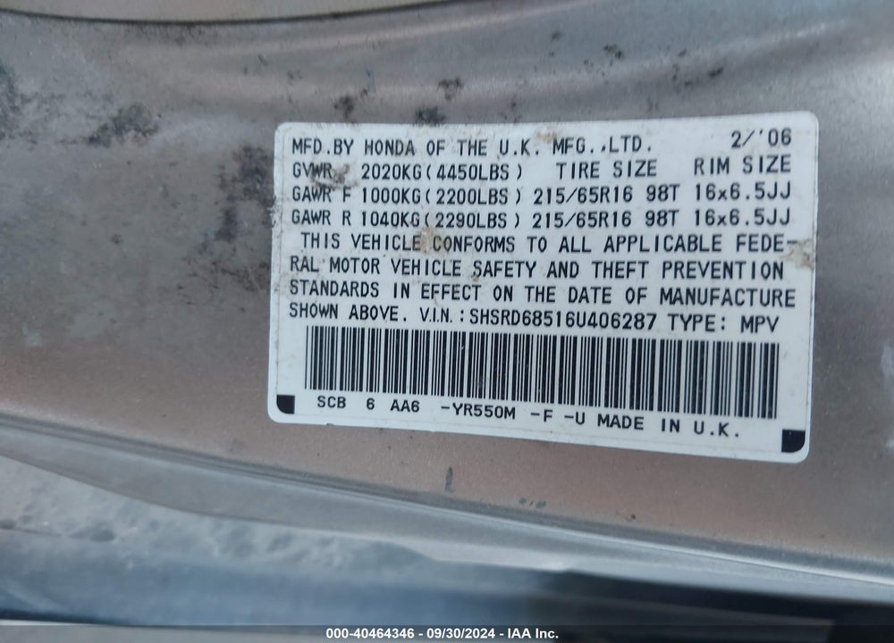 2006 HONDA CR-V LX VIN: SHSRD68516U406287