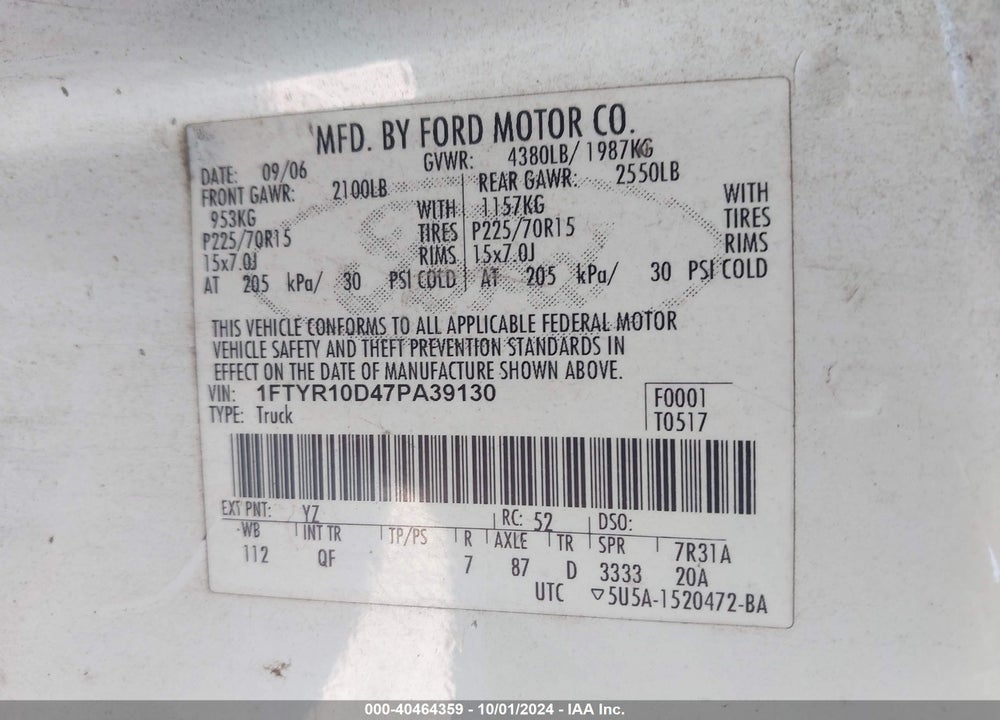 2007 FORD RANGER STX/XL/XLT VIN: 1FTYR10D47PA39130
