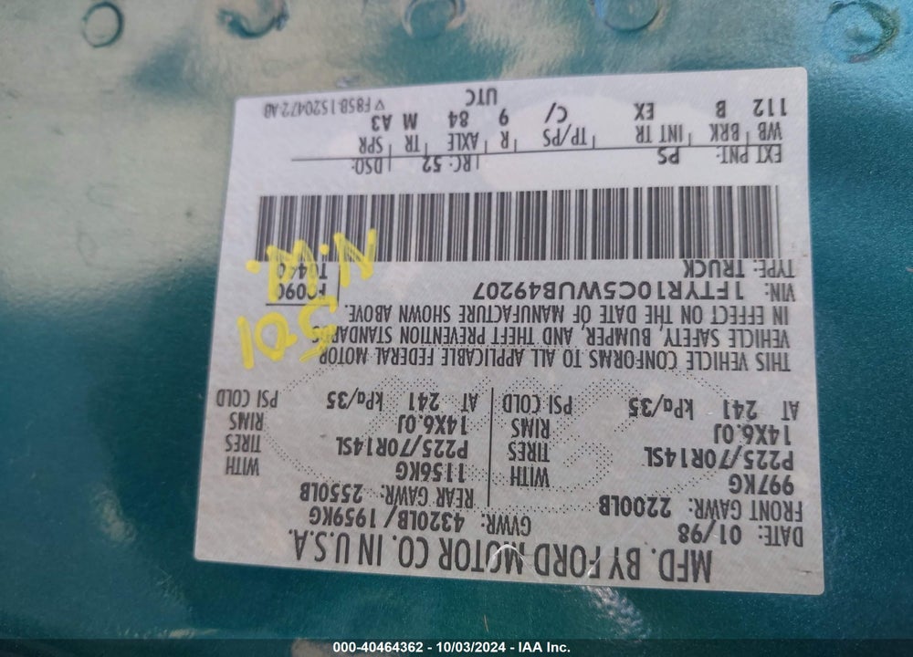 1998 FORD RANGER SPLASH/XL/XLT VIN: 1FTYR10C5WUB49207