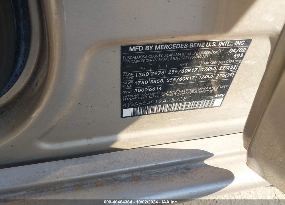 2002 MERCEDES-BENZ M-CLASS BASE (A5) VIN: 4JGAB54E12A353387
