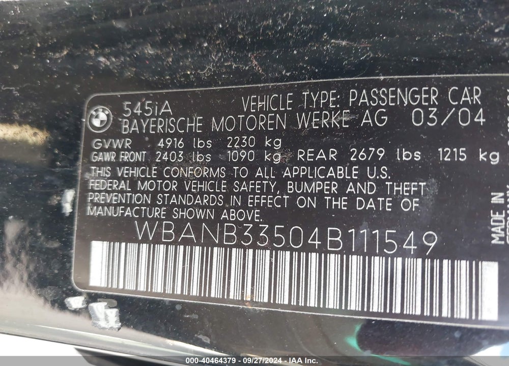 2004 BMW 545I VIN: WBANB33504B111549