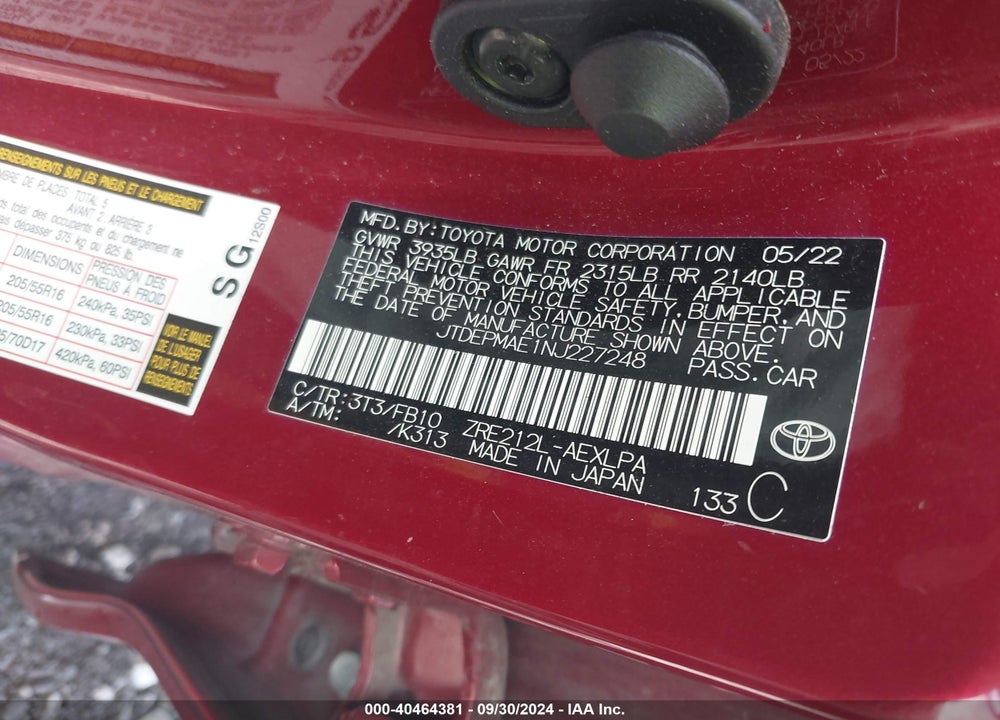 2022 TOYOTA COROLLA LE VIN: JTDEPMAE1NJ227248