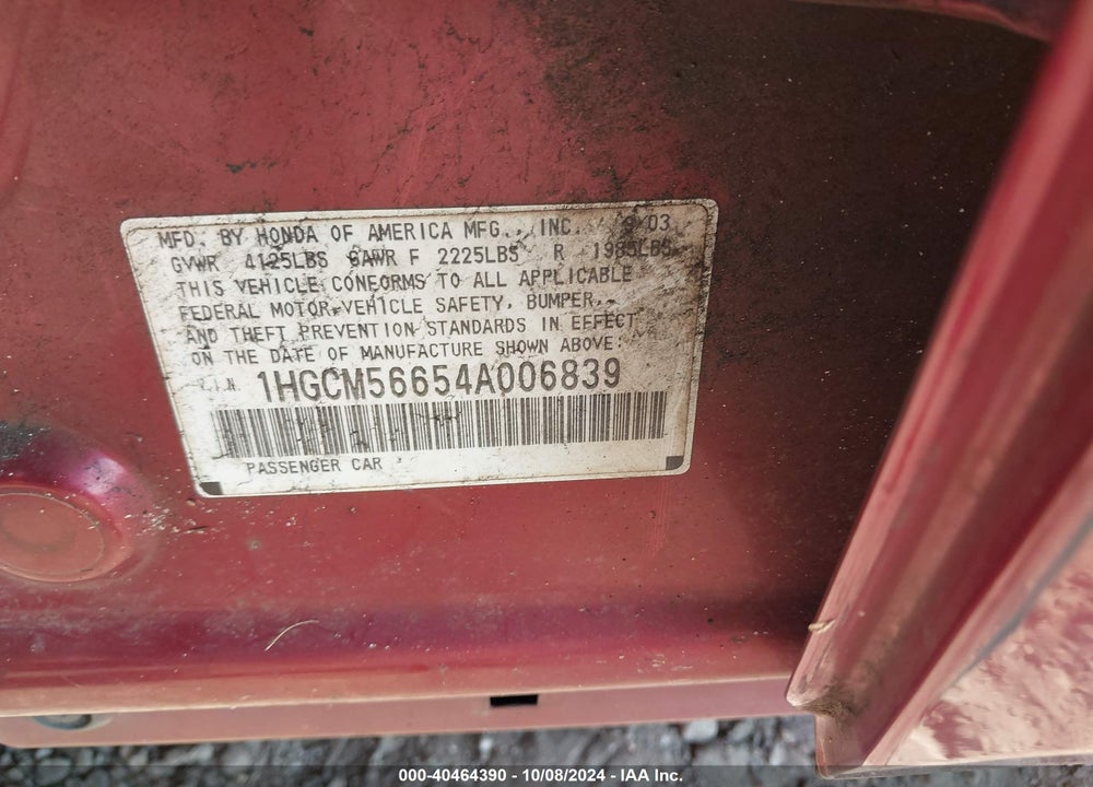 2004 HONDA ACCORD 2.4 EX VIN: 1HGCM56654A006839