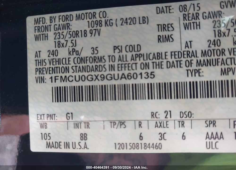 2016 FORD ESCAPE SE VIN: 1FMCU0GX9GUA60135