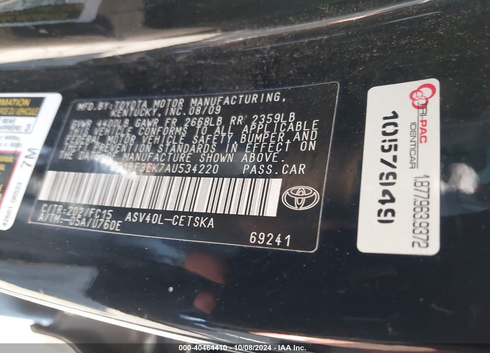 2010 TOYOTA CAMRY SE VIN: 4T1BF3EK7AU534220