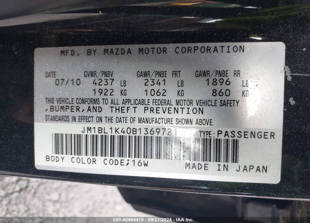 2011 MAZDA SPEED3 SPORT VIN: JM1BL1K40B1369721