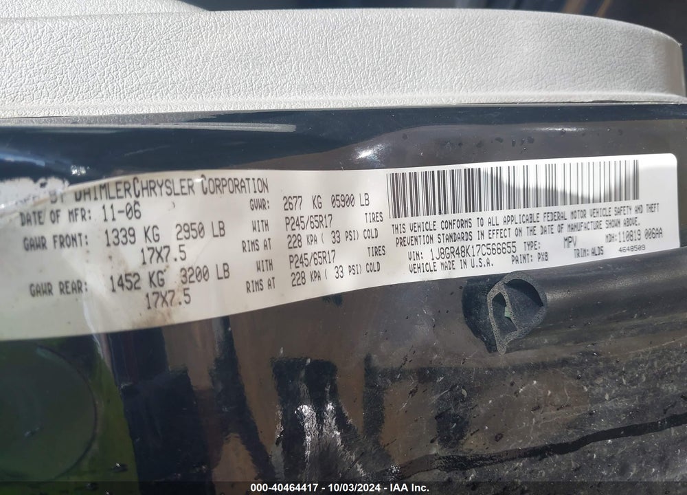 2007 JEEP GRAND CHEROKEE LAREDO VIN: 1J8GR48K17C566655