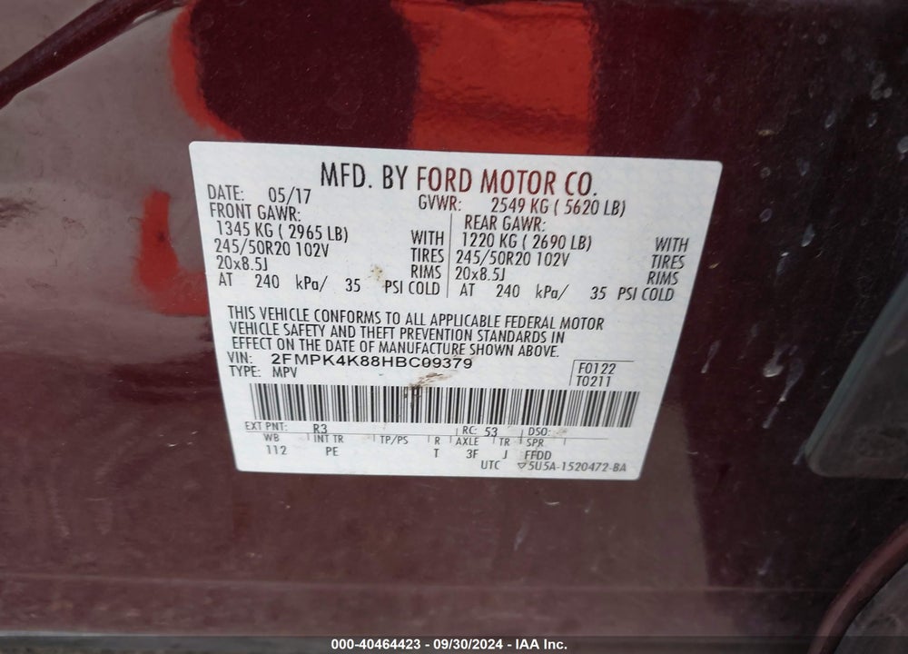 2017 FORD EDGE TITANIUM VIN: 2FMPK4K88HBC09379