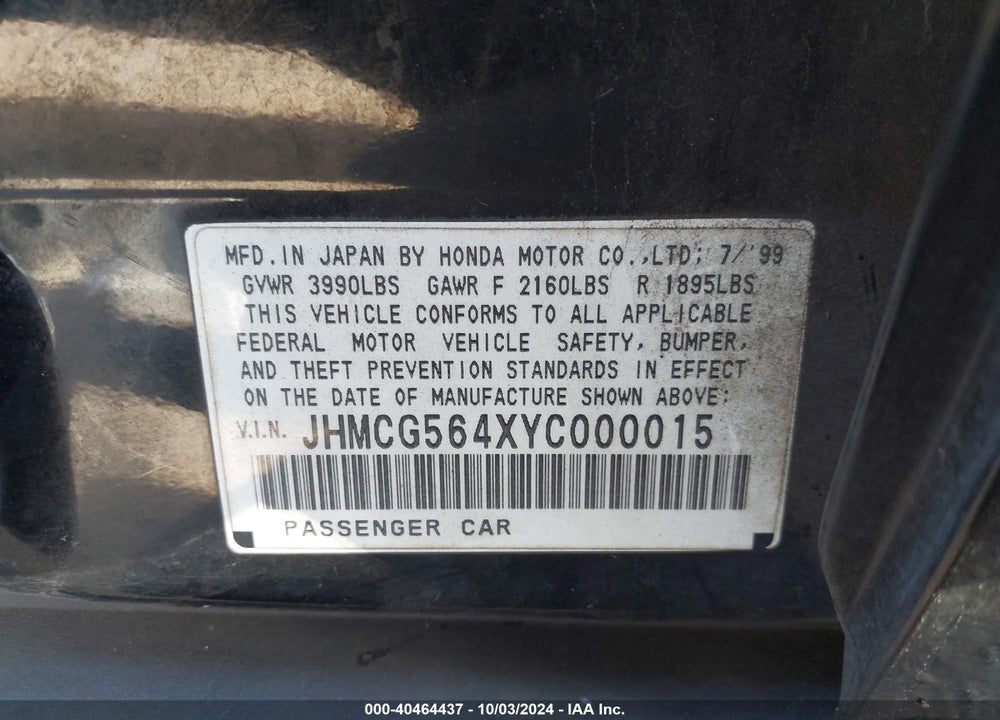 2000 HONDA ACCORD 2.3 LX VIN: JHMCG564XYC000015